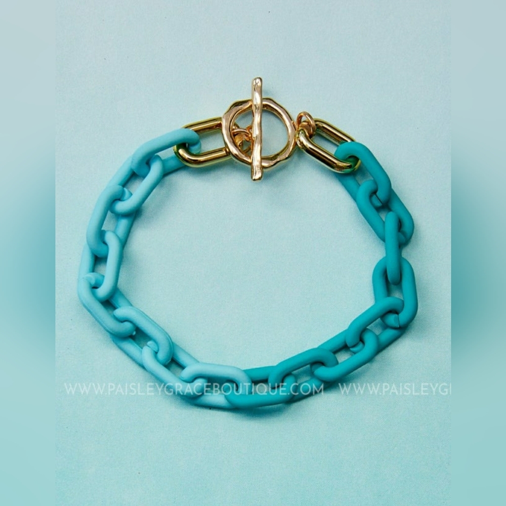 Teal/Blue Silicone Chainlink Bracelet with Gold Accents
